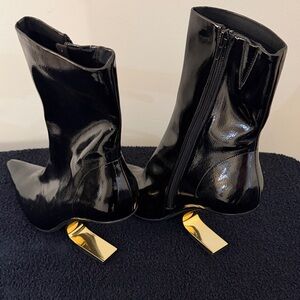 Jeffrey Campbell Black Patent Boots with Gold Heel
